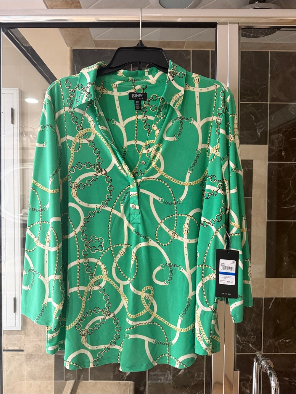 Jones New York Green Chain-Print V-Neck Tunic
